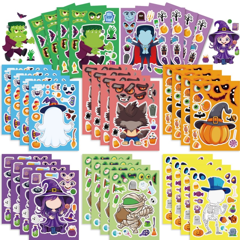 Zombie Party Games - สติกเกอร์เกมปาร์ตี้ฮาโลวีนสำหรับเด็ก แต่งหน้าปาร์ตี้เป็นหน้าฟักทอง/โครงกระดูก/ผี/แม่มด/ซอมบี้/มัมมี่ ของขวัญงานปาร์ตี้สำหรับเด็ก ของเล่น